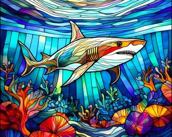 Stained Glass Shark Coral Reef Fabric Quilt Block Square Watercolor Under the Sea Coastal Panel