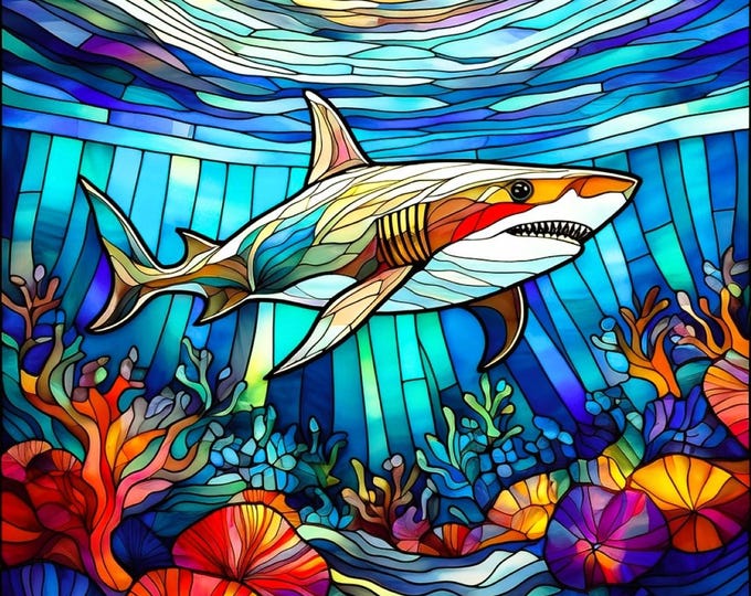 Stained Glass Shark Coral Reef Fabric Quilt Block Square Watercolor Under the Sea Coastal Panel