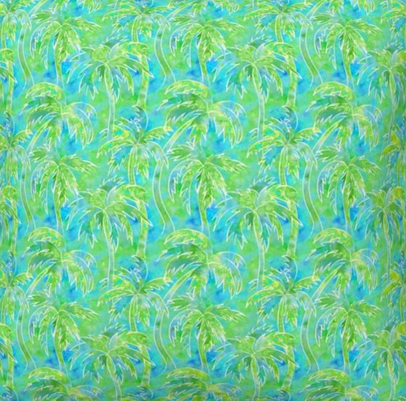 Green Watercolor Palm Trees Fabric Quilt Block Panel Fat Quarter Blue Sky Beach