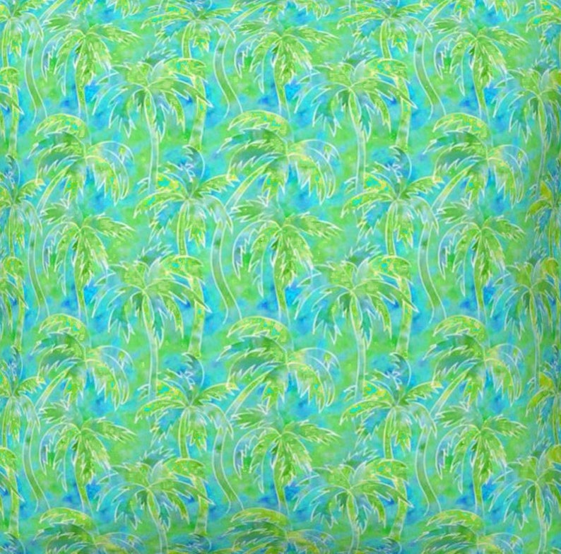 May include: A seamless pattern featuring a repeating design of white palm trees on a blue and green background. The palm trees are stylized and have a watercolor effect.