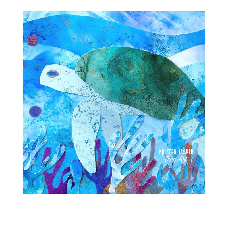 Sea Turtle Fabric Panel Ocean Theme Organic Cotton Quilting Square Honu Design Perfect Sewing Project Wall Hanging Craft Coral Reef Underwater Scene Tropical Beach Style Beautiful Marine Art Coastal Gift Aqua Turquoise Blue Green Colors