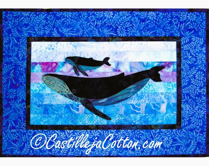 Humpback Whales Quilt Pattern Mother Baby Swimming Ocean Digital .PDF Download~ Pieced Fusible Applique Quilt Pattern 20.5" x 14.5"