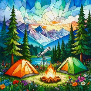May include: A stained glass style illustration featuring an orange tent and a green tent set up in a meadow with colorful wildflowers. A campfire burns between the tents, with a telescope on a tripod nearby, tall pine trees, and mountains.