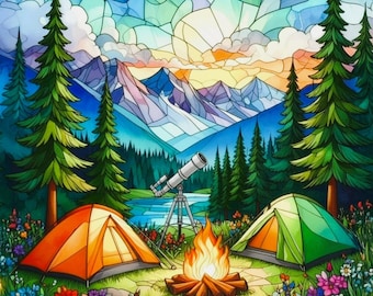 Camping Quilt Block Stained Glass Mosaic Pattern Fabric Panel Mountain Tent Campfire Telescope Pine Tree Nature Organic Cotton Sateen Square