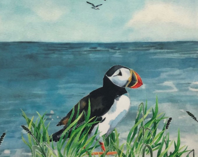 SALE Puffin Bird Beach Ocean Fabric Quilt Square Sea Panel Atlantic Seaside Coastal Block