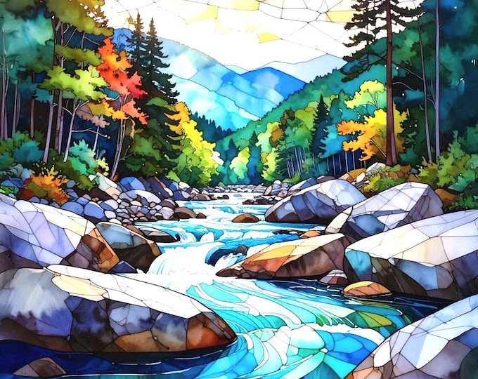 Watercolor Mountain Stream Fabric Quilt Block Great Smoky Mountains Little Pigeon River Gatlinburg Forge Stained Glass Cotton Panel Nature