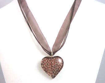 Leopard Heart Glass Pendant Necklace Cat Animal Print Brown Organza Cord