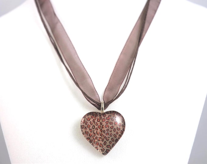 Leopard Heart Glass Pendant Necklace Cat Animal Print Brown Organza Cord