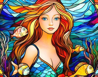 Stained Glass Mermaid Tropical Fish Ocean Reef Watercolor Fabric Quilt Block Square Coastal Under the Sea Panel