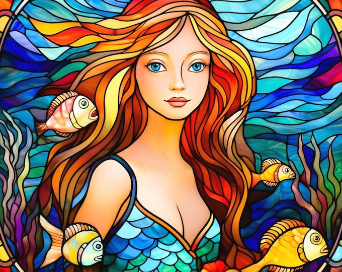 Stained Glass Mermaid Tropical Fish Ocean Reef Watercolor Fabric Quilt Block Square Coastal Under the Sea Panel