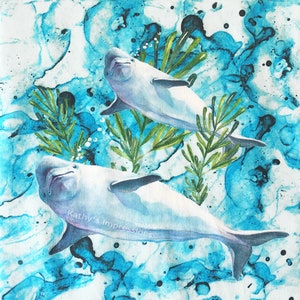 Beluga Whale Watercolor Ocean Fabric Quilt Square Block Coastal Under the Sea Life Whales Panel