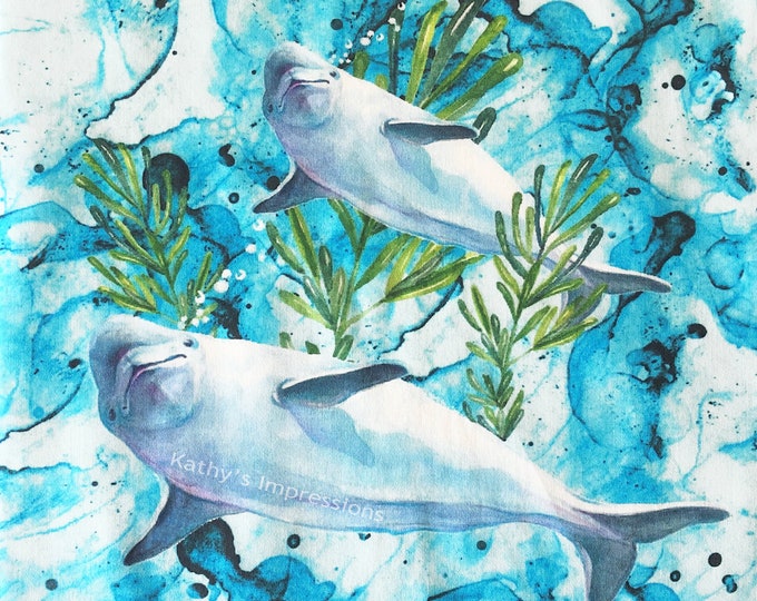 Beluga Whale Watercolor Ocean Fabric Quilt Square~ Under the Sea Beluga Whales Fabric Panel~ Sea Life Coastal Fabric