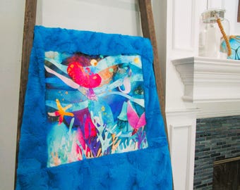 Girls Tropical Mermaid Under the Sea Luxe Minky Blanket Alcohol Ink Watercolors Birthday Baby Shower Gift Turquoise Blue Aqua Green