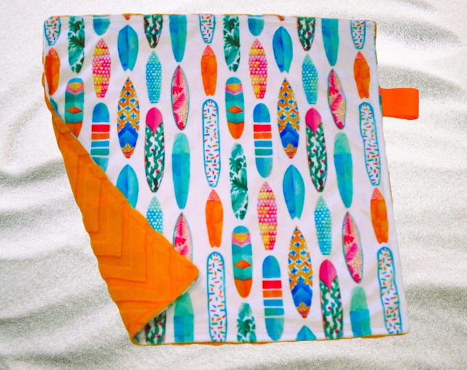Minky Baby Lovey Watercolor Surfboards Surfer Beach Babe Surf's Up Big Kahuna Orange Infant Toddler Security Blanket Girls Boys Shower Gift