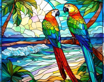 Stained Glass Tropical Parrots Fabric Quilt Block Square Beach Sunset Palm Trees Coastal Panel