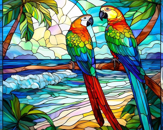 Stained Glass Tropical Parrots Fabric Quilt Block Square Beach Sunset Palm Trees Coastal Panel