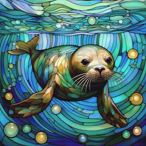 Stained Glass Seal Pup Fabric Panel Watercolor Ocean Beach Sea Lion Swimming Underwater Scene Hawaii Quilt Block Turquoise Aquatic Art