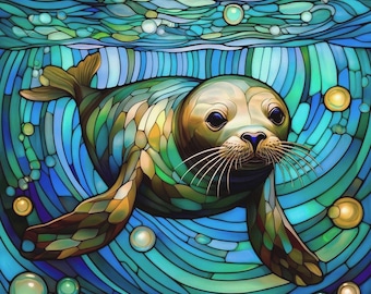 Stained Glass Seal Pup Fabric Panel Watercolor Ocean Beach Sea Lion Swimming Underwater Scene Hawaii Quilt Block Turquoise Aquatic Art