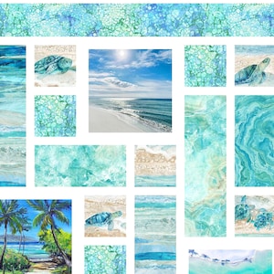 May include: A quilt featuring a collage of ocean-themed fabric panels. The design includes sea turtles on sandy beaches, turquoise water textures, palm trees, and a central photograph of a sunny coastline with white sand and blue waves.