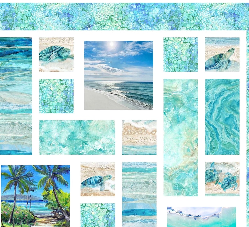 May include: A quilt featuring a collage of ocean-themed fabric panels. The design includes sea turtles on sandy beaches, turquoise water textures, palm trees, and a central photograph of a sunny coastline with white sand and blue waves.