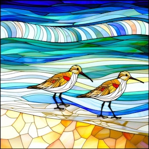 May include: Stained glass artwork depicting two sandpipers on a beach. The birds have brown, yellow, and red details. The background features blue and green waves and a mosaic-style beach.