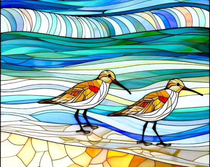 Stained Glass Sandpiper Birds Beach Fabric Quilt Square Block Running on Sand Ocean Waves Coastal Watercolor Panel