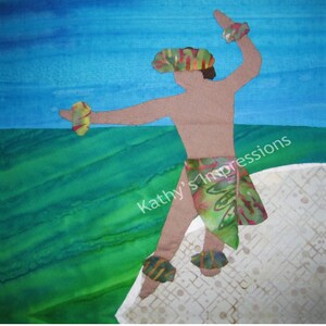 May include: Three fabric art panels featuring a hula dancer in a floral dress, a hula dancer in a patterned wrap, and a sea turtle swimming near a wave. Each panel displays the text Kathy's Impressions over a vibrant, multi-colored background.