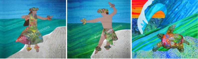 May include: Three fabric art panels featuring a hula dancer in a floral dress, a hula dancer in a patterned wrap, and a sea turtle swimming near a wave. Each panel displays the text Kathy's Impressions over a vibrant, multi-colored background.