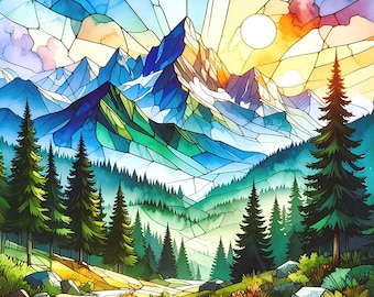 Stained Glass Fabric Panel Mountain Landscape Art Quilt Block Watercolor Hiking Trail Nature Scene For Wall Hanging Purple Majesty Peak