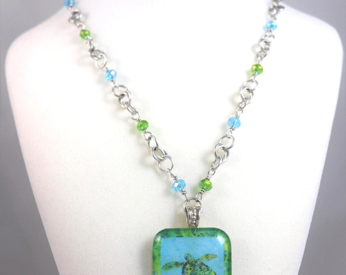 Coastal Sea Turtle Pendant Blue Green Ocean Tropical Beach AB Beads Chainmaille Necklace