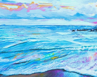 Watercolor Ocean Brushstrokes Black Sand Beach Sunrise Road to Hana Fabric Quilt Square Block Maui Hawaii