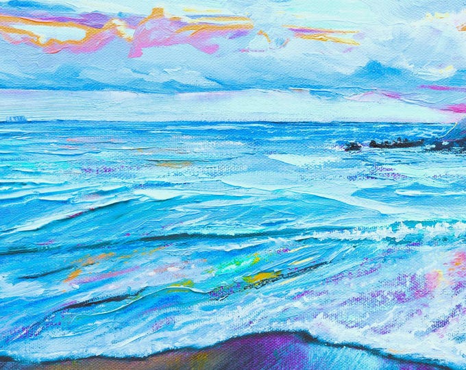 Watercolor Ocean Brushstrokes Black Sand Beach Sunrise Road to Hana Fabric Quilt Square Block Maui Hawaii