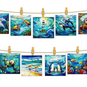 May include: Nine square art prints featuring stained glass style illustrations of marine life and coastal scenes, including dolphins, sea turtles, a lighthouse, orcas, an otter, a seal, shorebirds, penguins, and tropical fish, all clipped to two twine lines.