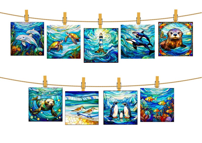May include: Nine square art prints featuring stained glass style illustrations of marine life and coastal scenes, including dolphins, sea turtles, a lighthouse, orcas, an otter, a seal, shorebirds, penguins, and tropical fish, all clipped to two twine lines.