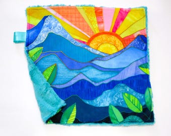 Minky Baby Lovey Sunrise in Paradise Mountains Tropical Stained Glass Look Security Blanket Infant Girls Boys Shower Toddler Birthday Gift