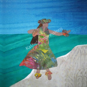 Hula Dancer Blue Sky Ocean Fabric Quilt Block Hawaiian Beach Luau Dancing Square Panel