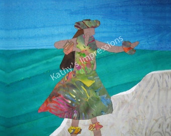 HULA DANCER Blue Sky Fabric Quilt Square Hawaiian Beach Batik Panel Block Luau Ocean Dancing