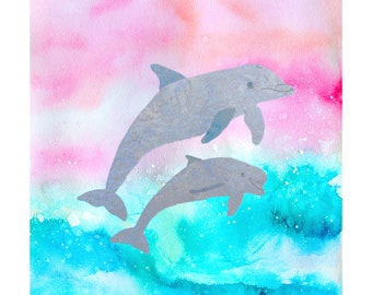 DOLPHINS Watercolor Pink Sunset Turquoise Ocean Water Fabric Quilt Square~ Coastal Beach Ocean Sea Life Dolphins Fabric Panel