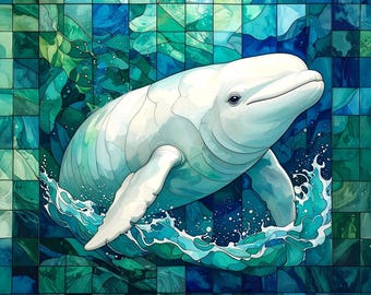 Stained Glass Beluga Whale Ocean Splash Watercolor Sea Life Beach Fabric Quilt Block Square