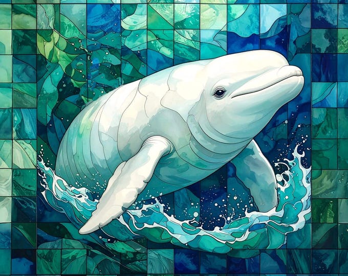 Stained Glass Beluga Whale Ocean Splash Watercolor Sea Life Beach Fabric Quilt Block Square