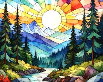 Stained Glass Mountains Pine Trees River Stream Watercolor Sunrise Fabric Quilt Block Nature Panel