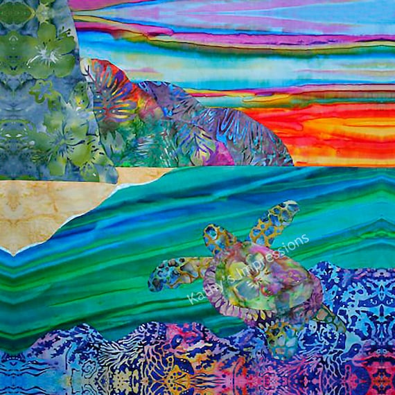 Hawaiian Beach Sunset Sea Turtle Coastal Fabric Panel Quilt Block Na Pali Coast Kauai