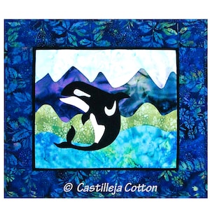Orca Whale Jumping Ocean Mountains Forest Digital Quilt Pattern .PDF Download Fusible Applique Technique~ 18.5&quot; x 16.5&quot;