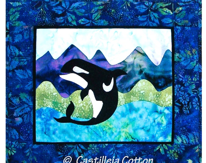 Orca Whale Jumping Ocean Mountains Forest Digital Quilt Pattern .PDF Download Fusible Applique Technique~ 18.5" x 16.5"