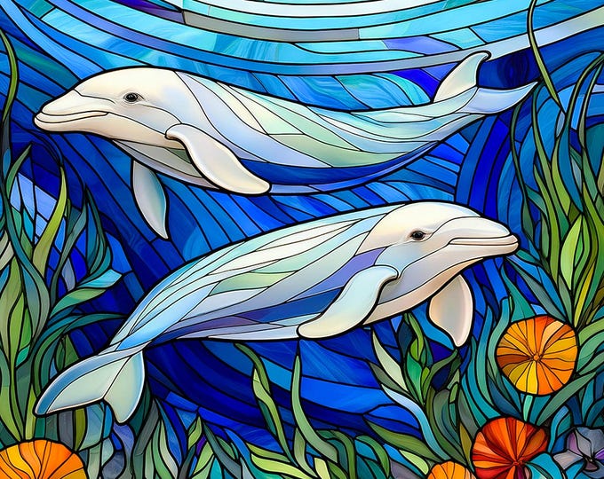 Stained Glass Beluga Whales Swimming Under the Sea Fabric Quilt Block Square Beach Coastline Watercolor Ocean Life Panel
