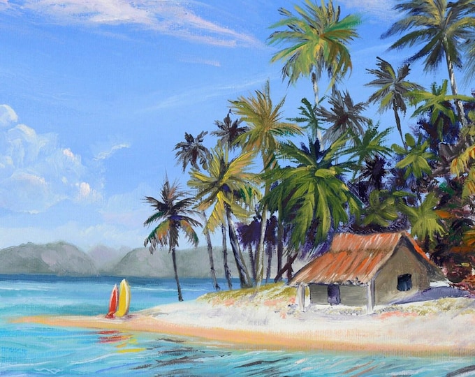 Beach Surf Shack Idyllic Tropical Getaway Surfboards Fabric Quilt Square House Palm Trees Panel