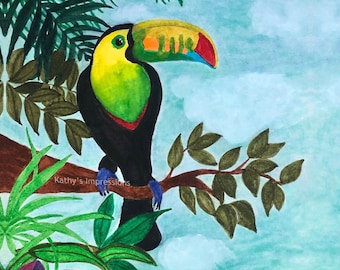 SALE Tropical Toucan Fabric Quilt Panel Colorful Bird Rainforest Parrot Forest Square Block