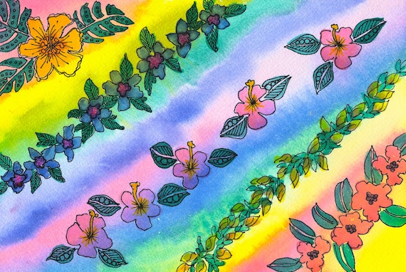 Watercolor RAINBOW Lei Tropical Flowers Fabric By the Yard~ Hawaiian Flowers Lei in Rainbow Colors Fabric BTY FQ