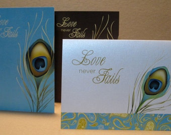 LOVE Never Fails Note Card, Peacock Feather Wedding card, Love Never Fails Valentine's Day card, I'm sorry card, Christian card, Set