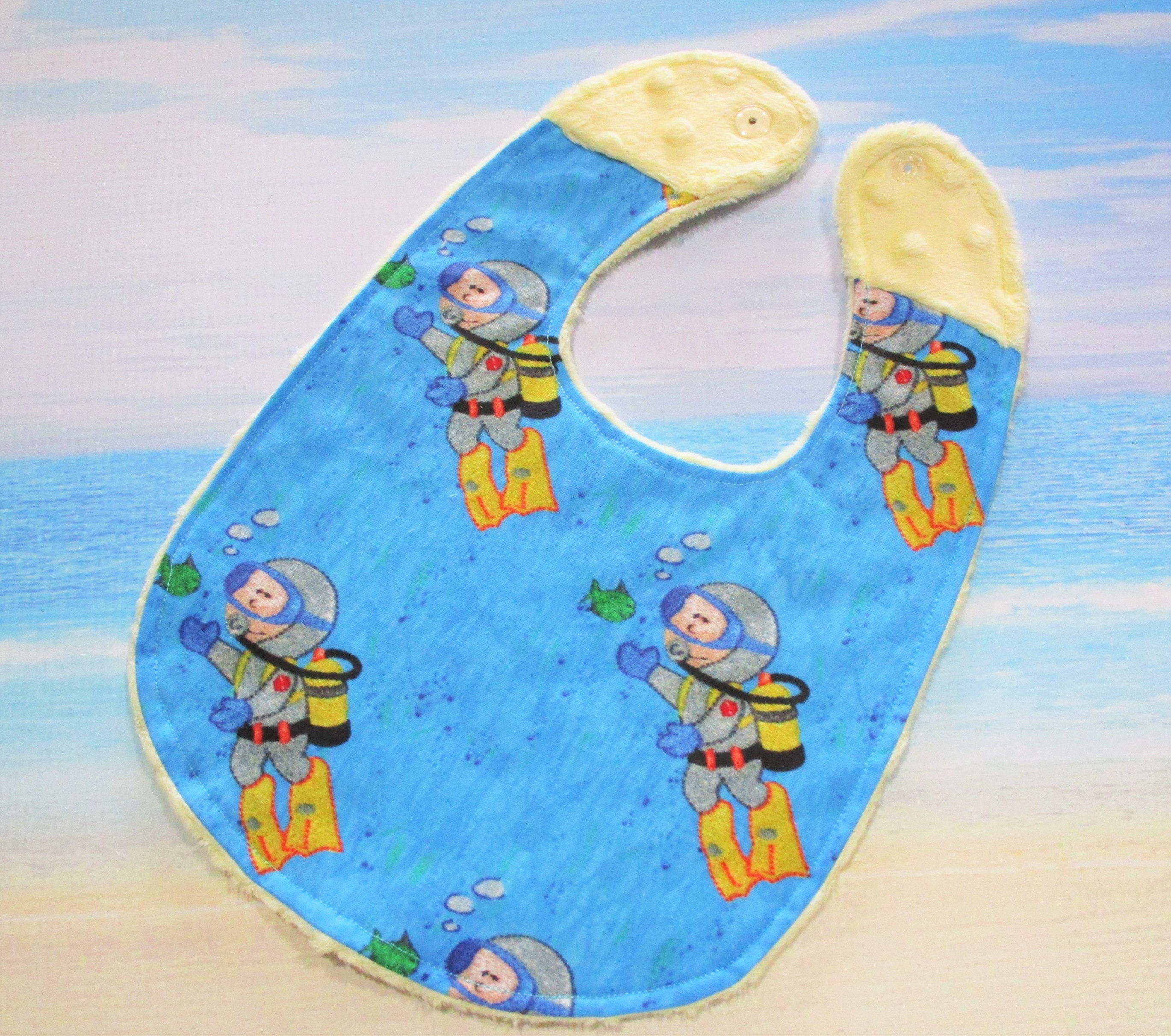 SCUBA DIVER Boy Fabric Blue Ocean Water Bubbles Sea Grass Green